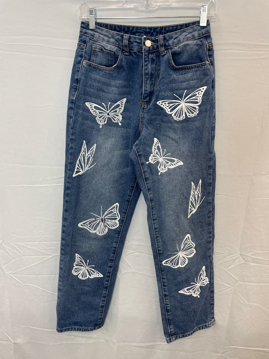 Medium Wash Butterfly Print Shein Straight Leg Jeans- 2/26