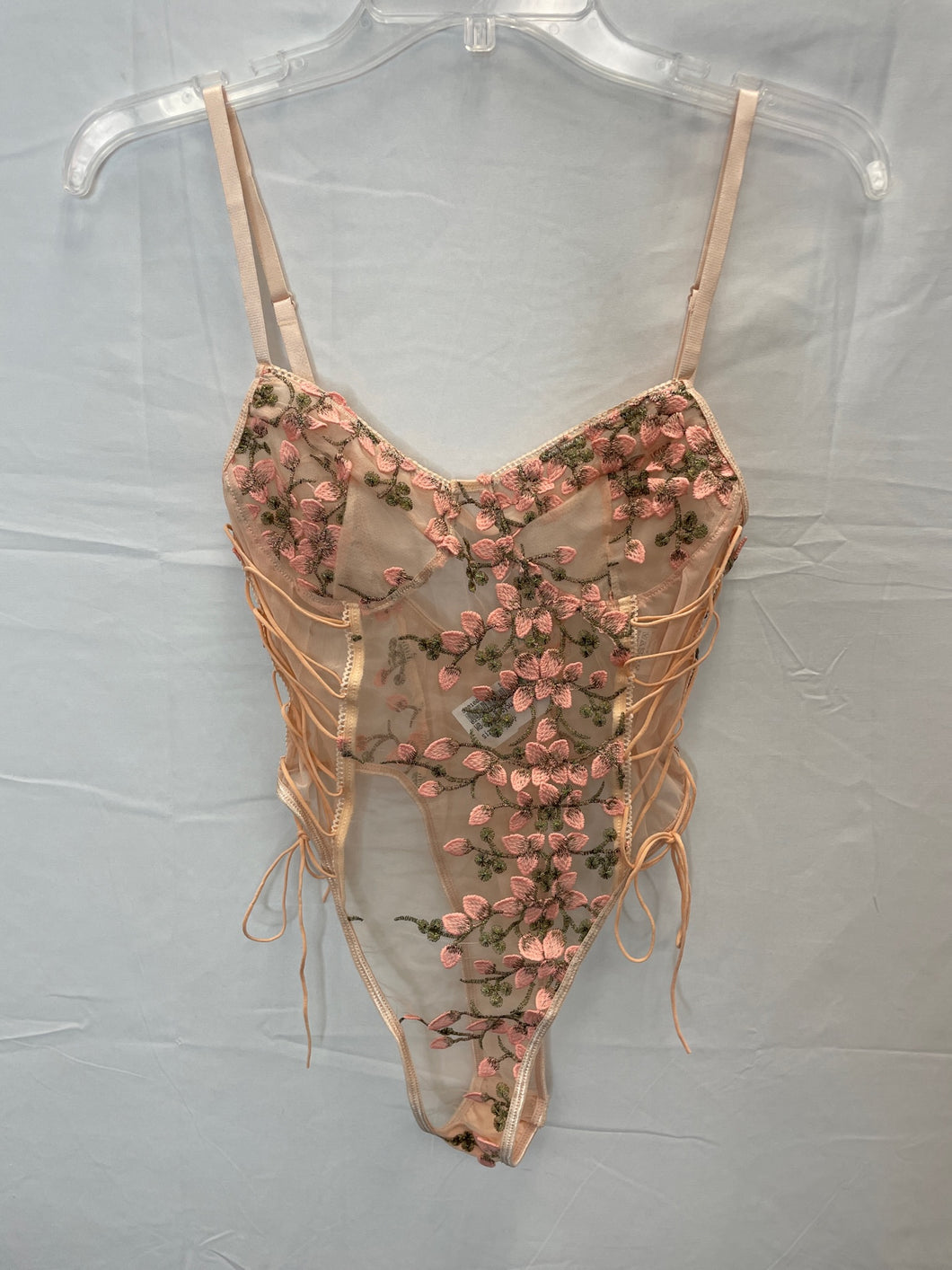 Pink Floral/Mesh Bodysuit- Small